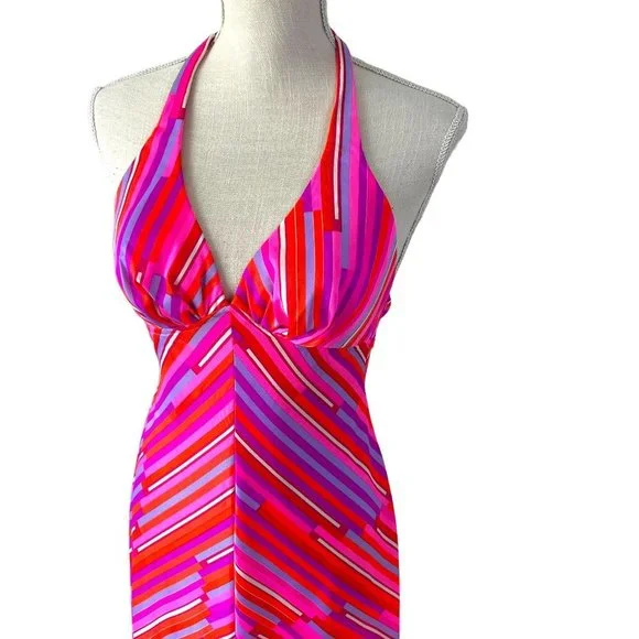 Vintage 60s Catalina Pink Stripe Halter Pool Party Full Length Dress 6 - Picture 2 of 11